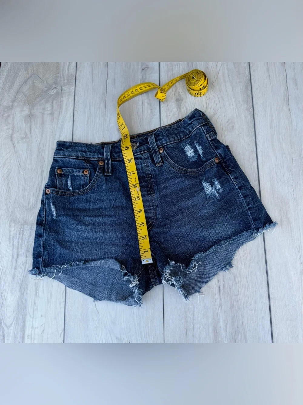 Levi's 501 Button Fly High Rise Dark Blue Indigo Distressed Denim Cutoff Shorts - Picture 5 of 11